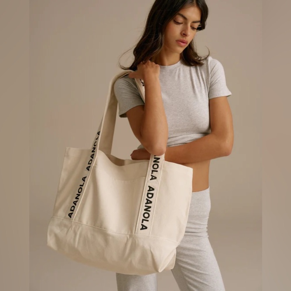 Adanola Cream Canvas Tote with Black Logo Straps